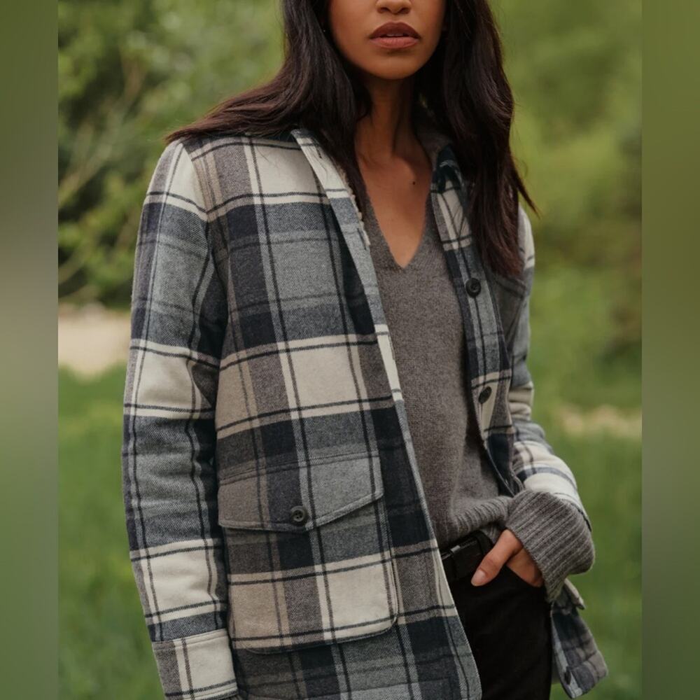 Jenni Kayne Shearling Lined Wool Farmhouse Jacket Navy Plaid Size XXL